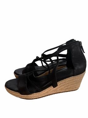 Eileen Fisher Black Leather Lace-Up Espadrille Wedges